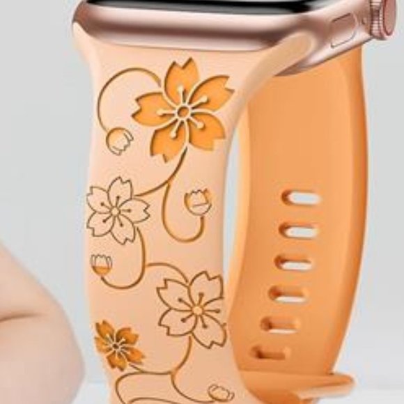 NEW Orange Floral Engraved Apple Watch Band - Picture 3 of 4